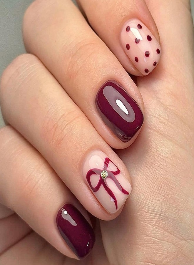 OSTTMA Wine Red Press on Nails Short Square Fake Nails with Polka Dot Bow Designs Cute Polka Dots False Nail Full Cover Bow Glue on Nails Acrylic Stick on Nail for Women Manicure Decoration 24Pcs - Image 1